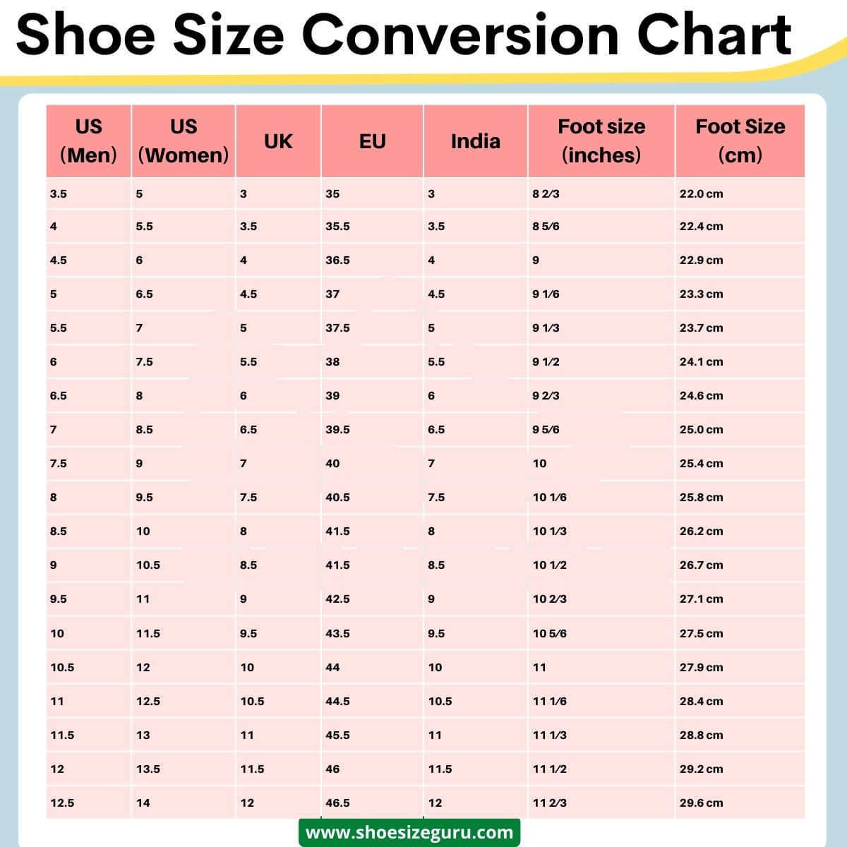 International Shoe Size Measurement Chart 