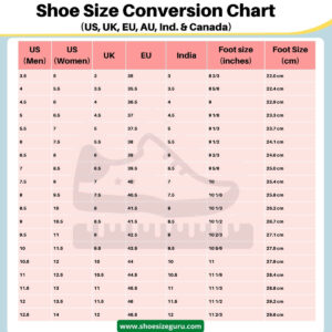 International shoe size conversion chart for men and women