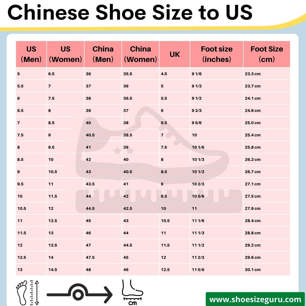 Chinese Shoe Size To US Size Chart 