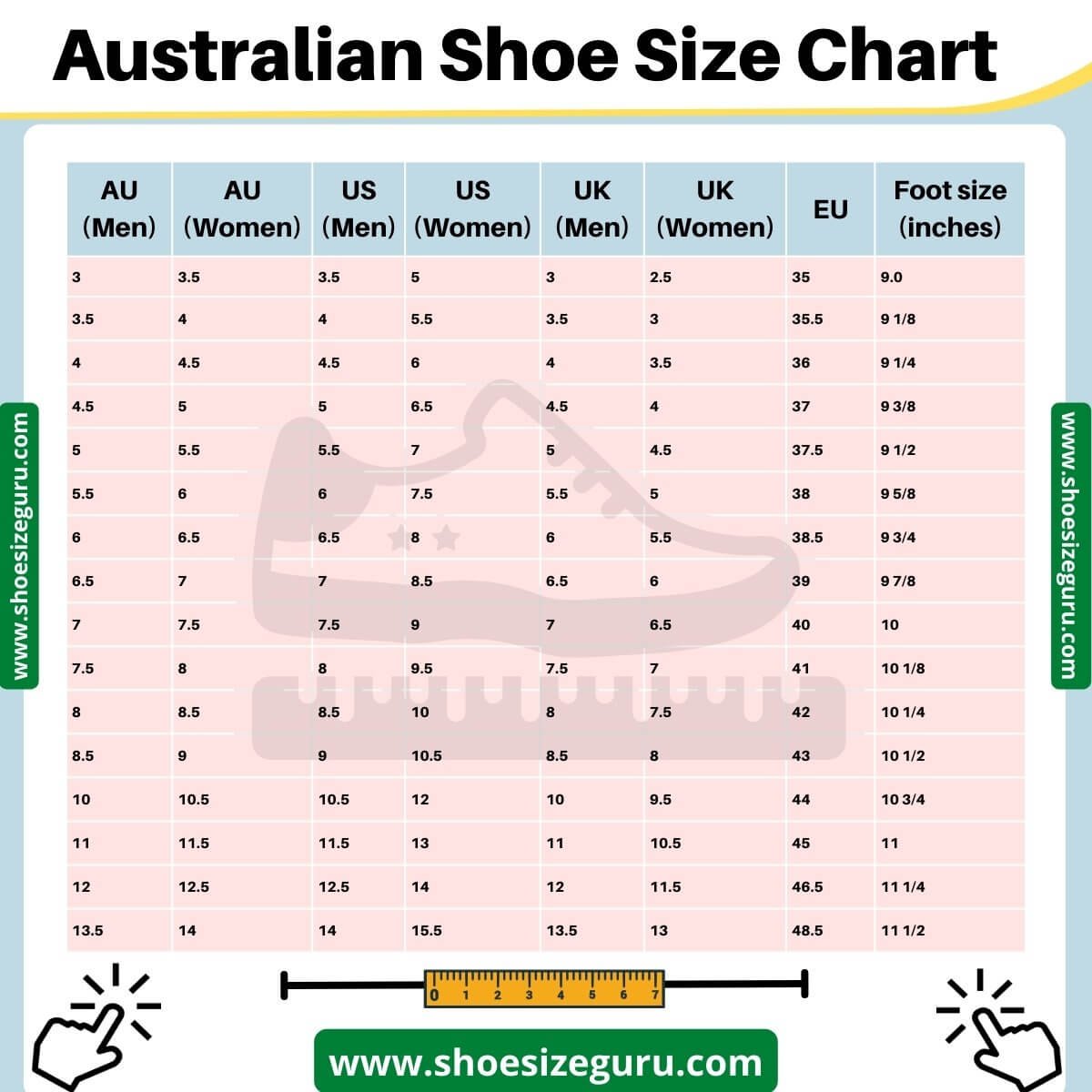Australian Shoe Size Conversion Chart US UK EU Etc 