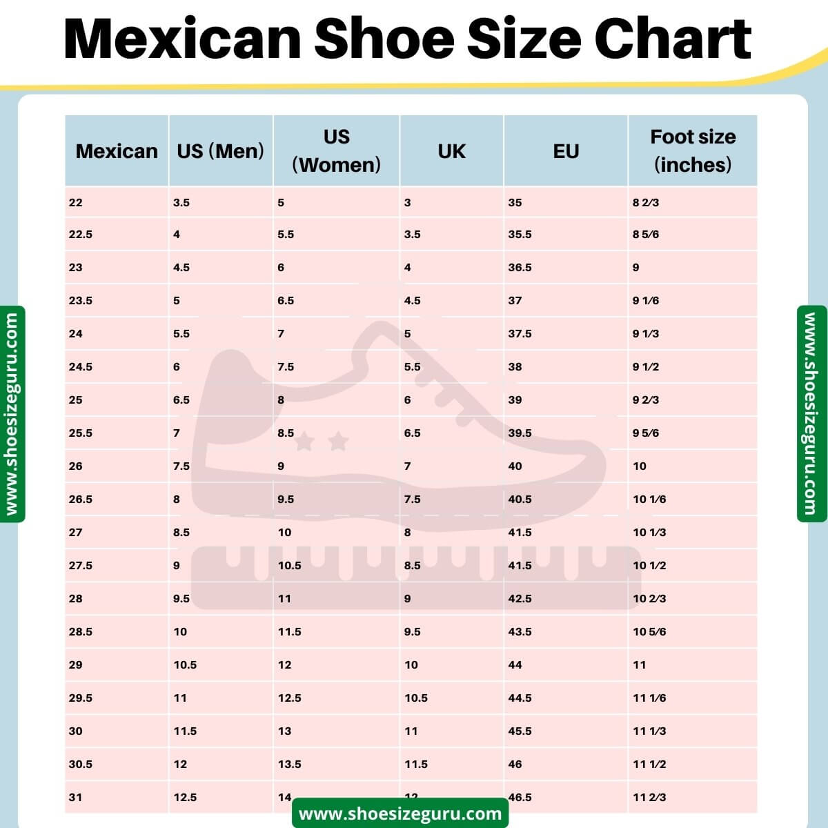 Mexico Shoe Size Conversion Chart (Men, Women & Kids)