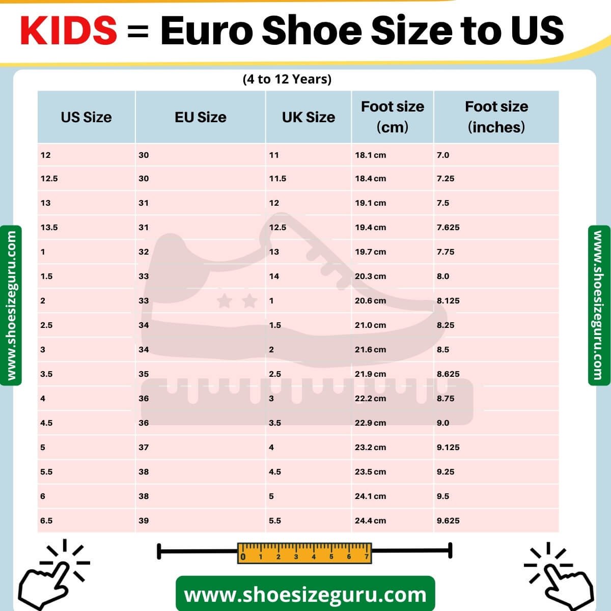 US Shoe Size To EURO Conversion Chart Sizing Guide 