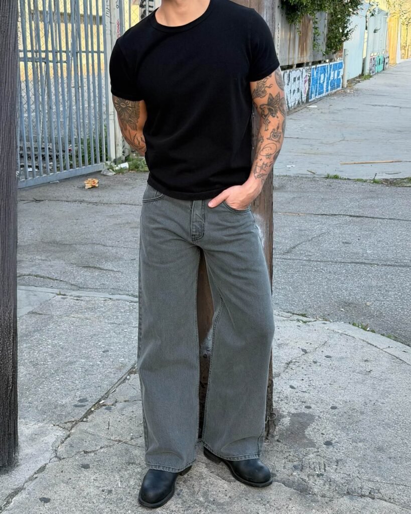 Black T-Shirt with Grey Wide-Leg Jeans