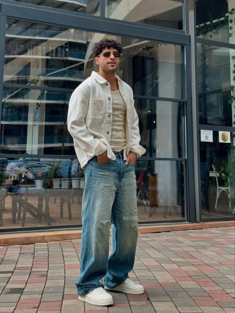 Overshirt With Distressed Blue Baggy Jeans