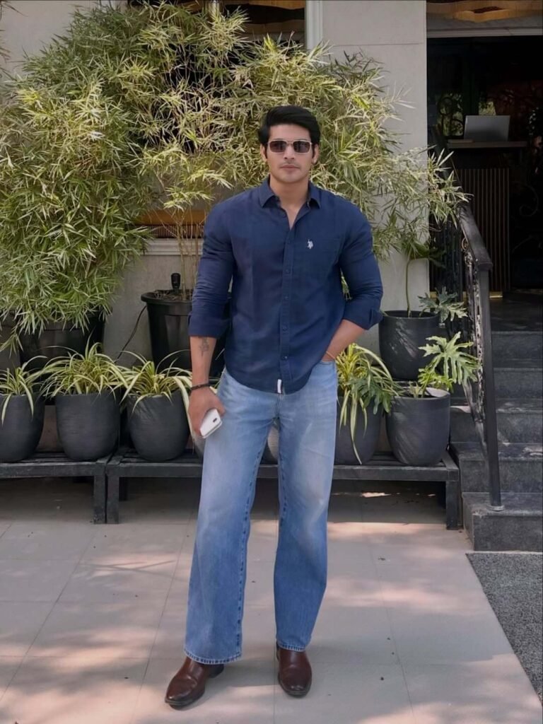 Navy Shirt With Light Blue Straight Jeans