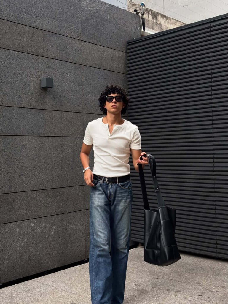 White Henley T-Shirt With Blue Relaxed Jeans