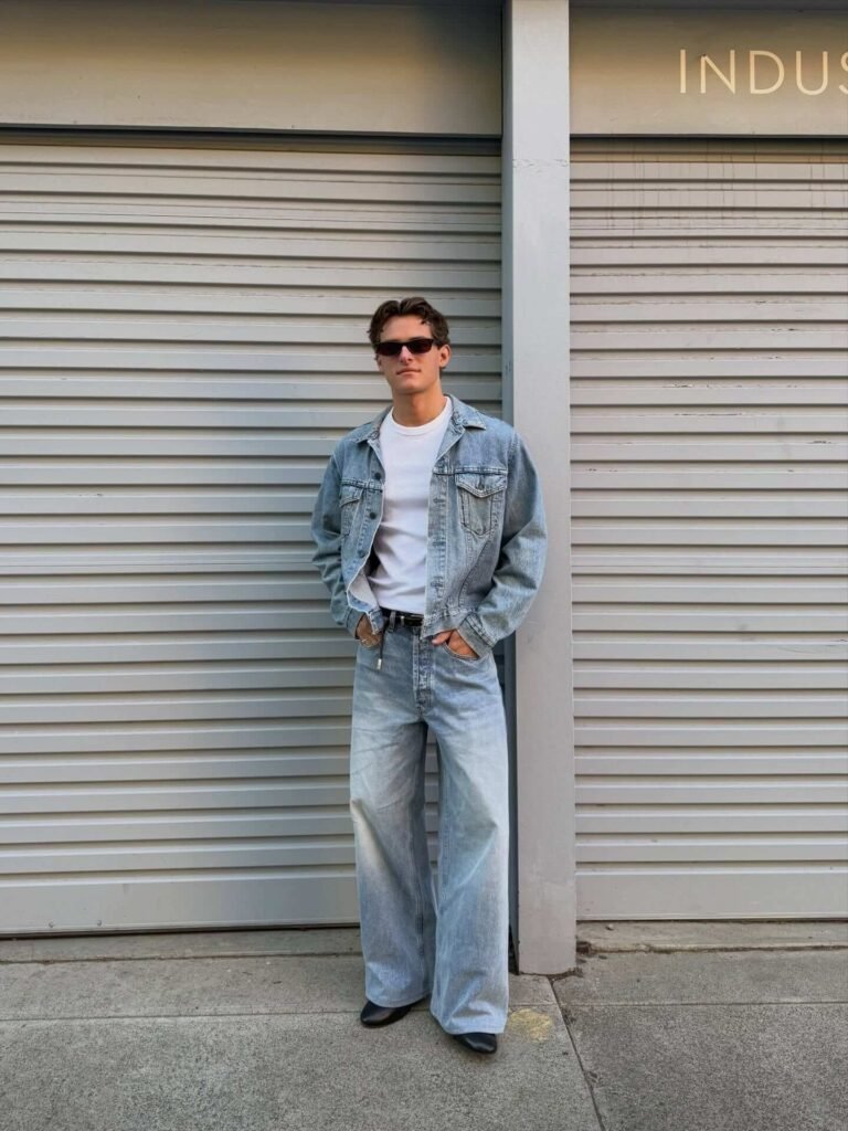 Light Denim Jacket With Wide-Leg Jeans