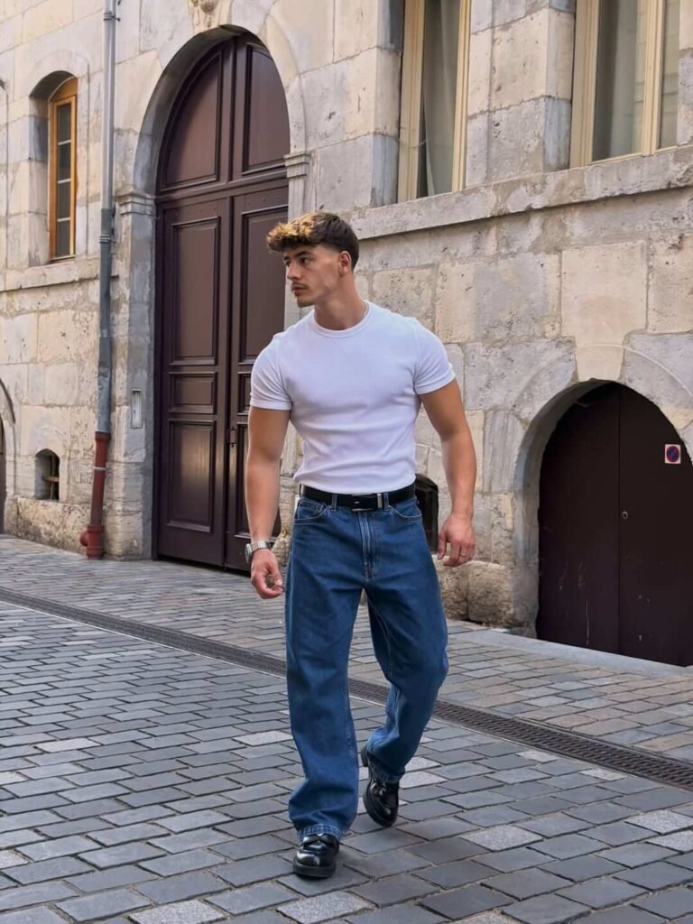 White T-Shirt With Blue Baggy Jeans