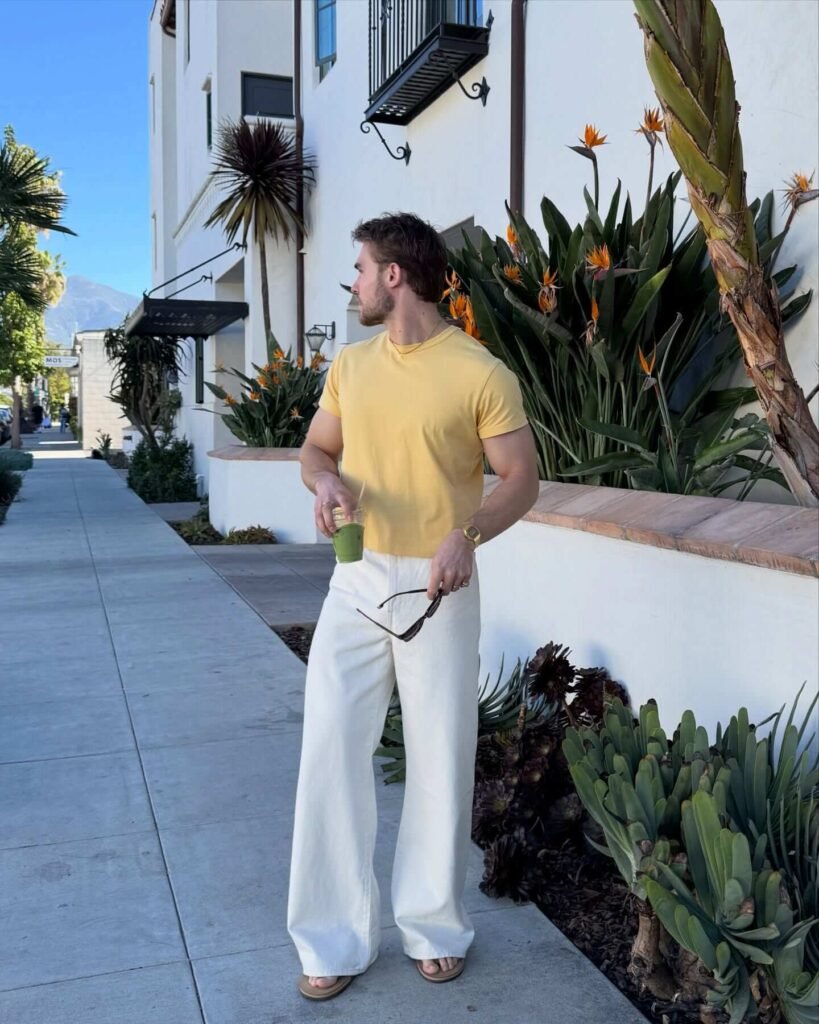 Yellow T-Shirt With White Wide-Leg Jeans