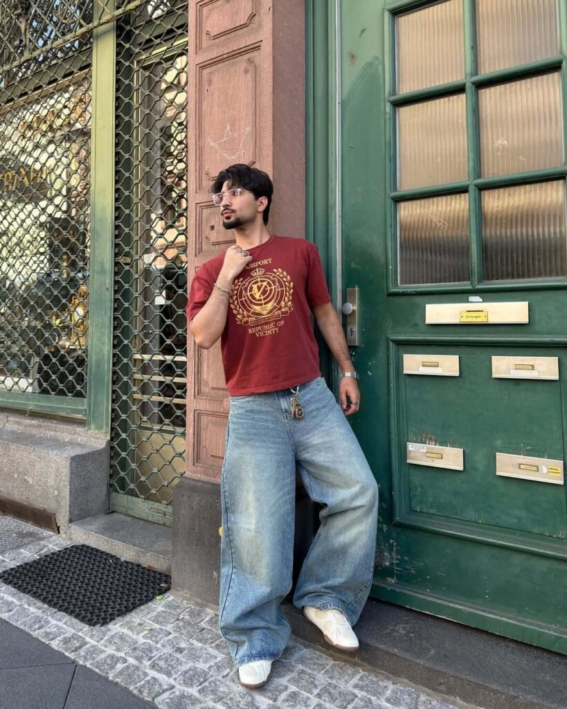 Graphic T-Shirt With Light Blue Baggy Jeans