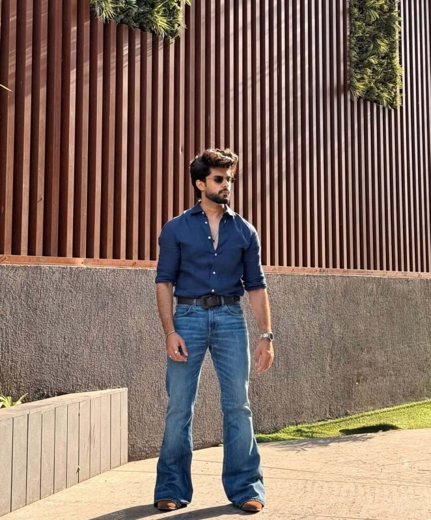 Navy Button-Up Shirt With Blue Jeans