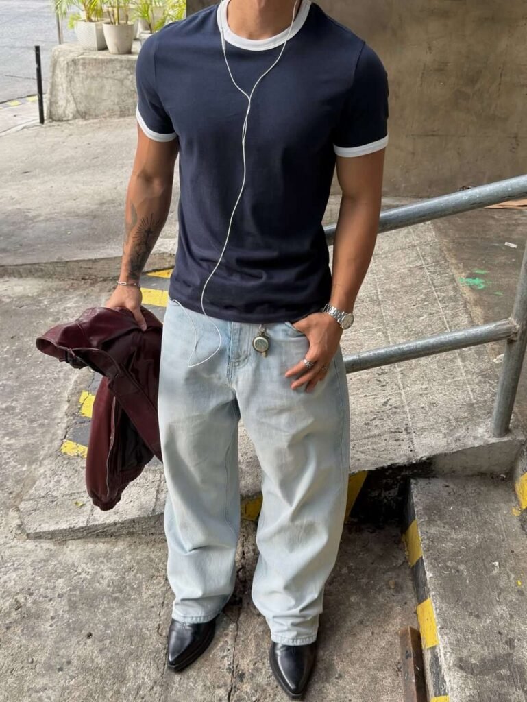 Navy Ringer T-Shirt With Light Wash Jeans