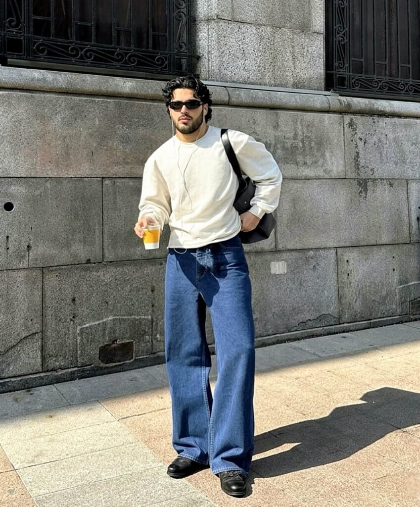 Cream Sweatshirt with Blue Baggy Jeans