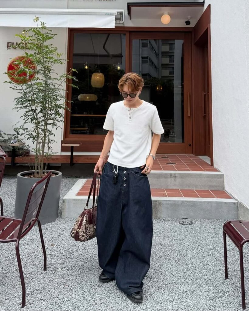 White Henley with Dark Baggy Jeans
