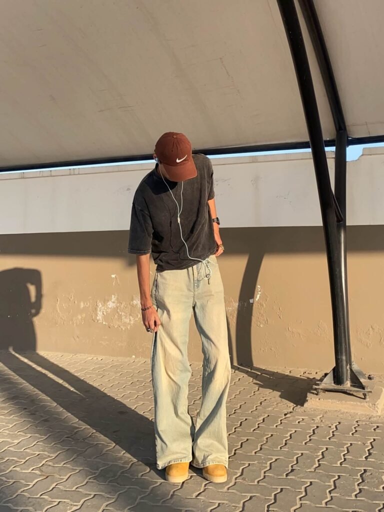 Black T-Shirt with Cream Baggy Jeans