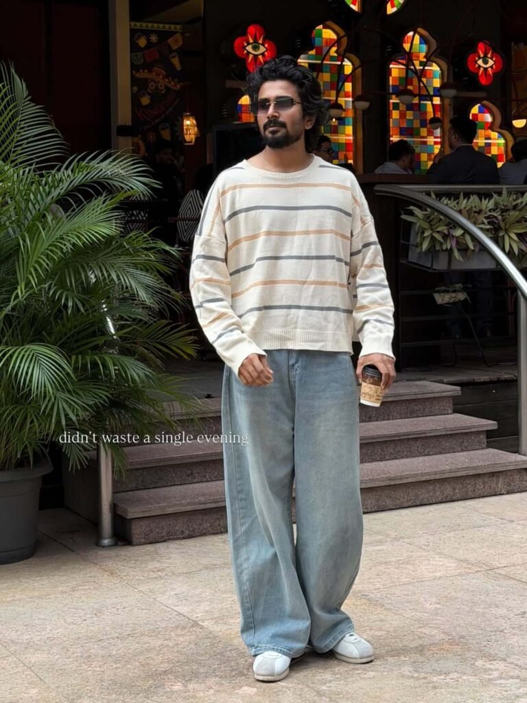 Striped Sweater with Light-Wash Baggy Jeans