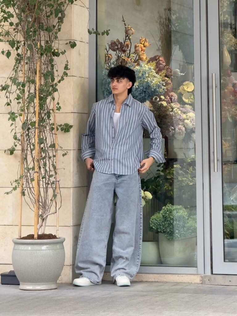 Striped Shirt with Light-Wash Baggy Jeans