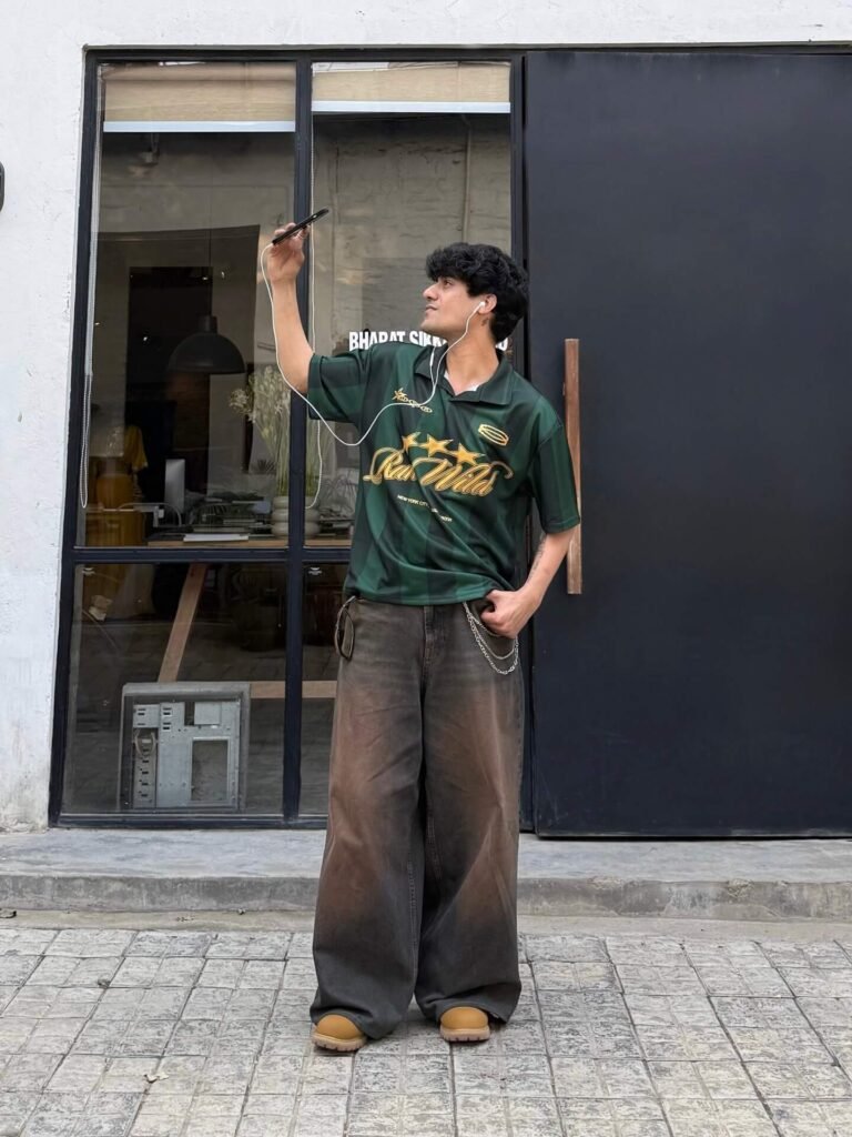 Green Graphic Polo with Dark Baggy Jeans
