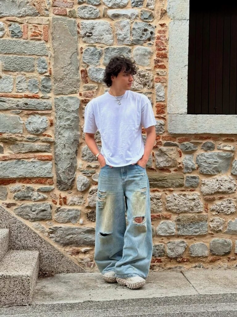 White T-Shirt with Distressed Baggy Jeans