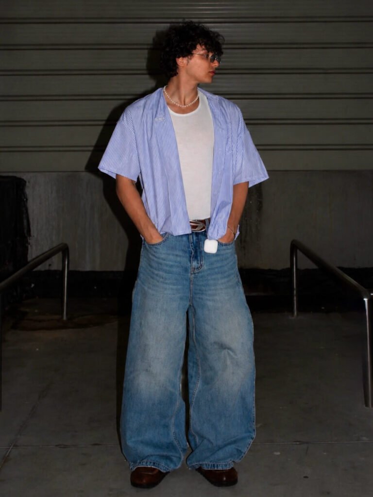 Striped Open Shirt with Baggy Jeans