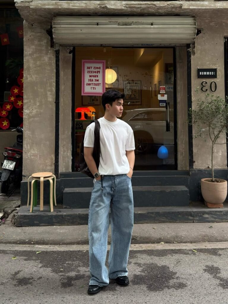 White T-Shirt, Wide-Leg Blue Jeans & Black Loafers
