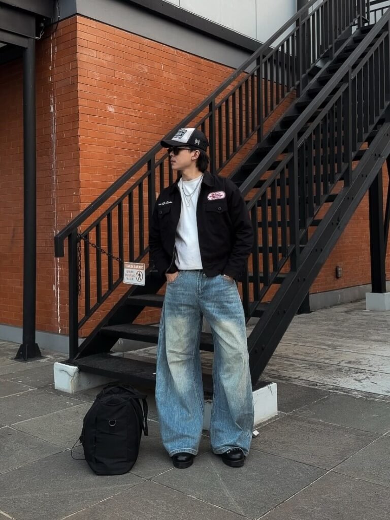 Black Jacket, White T-Shirt & Wide-Leg Blue Jeans