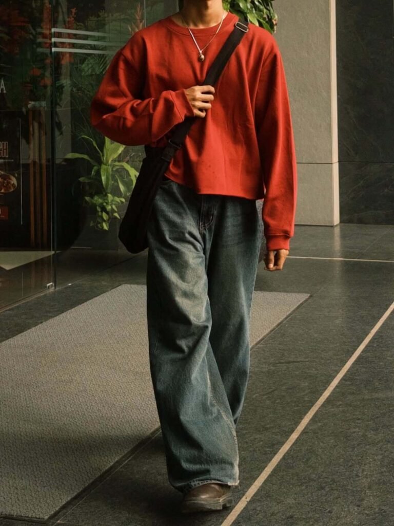 Rust Red Sweatshirt & Wide-Leg Blue Jeans