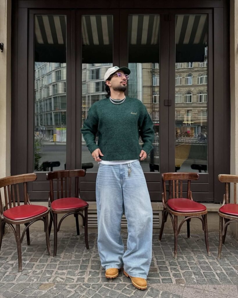 Dark Green Sweater, Light-Wash Blue Jeans & Tan Boots