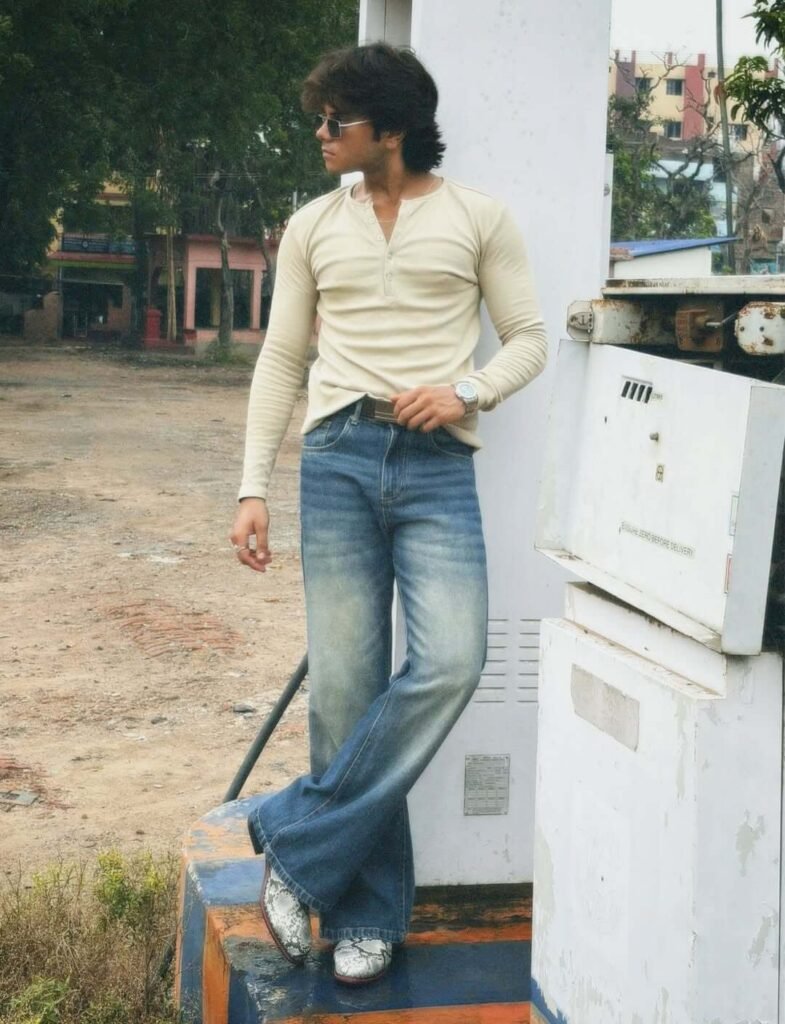 Cream Henley Shirt & Relaxed Blue Jeans