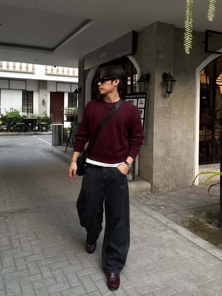 Burgundy Sweater, Wide-Leg Jeans, and Leather Loafers