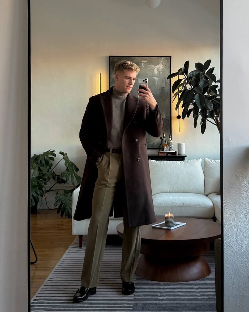 Dark Brown Overcoat and Olive Trousers