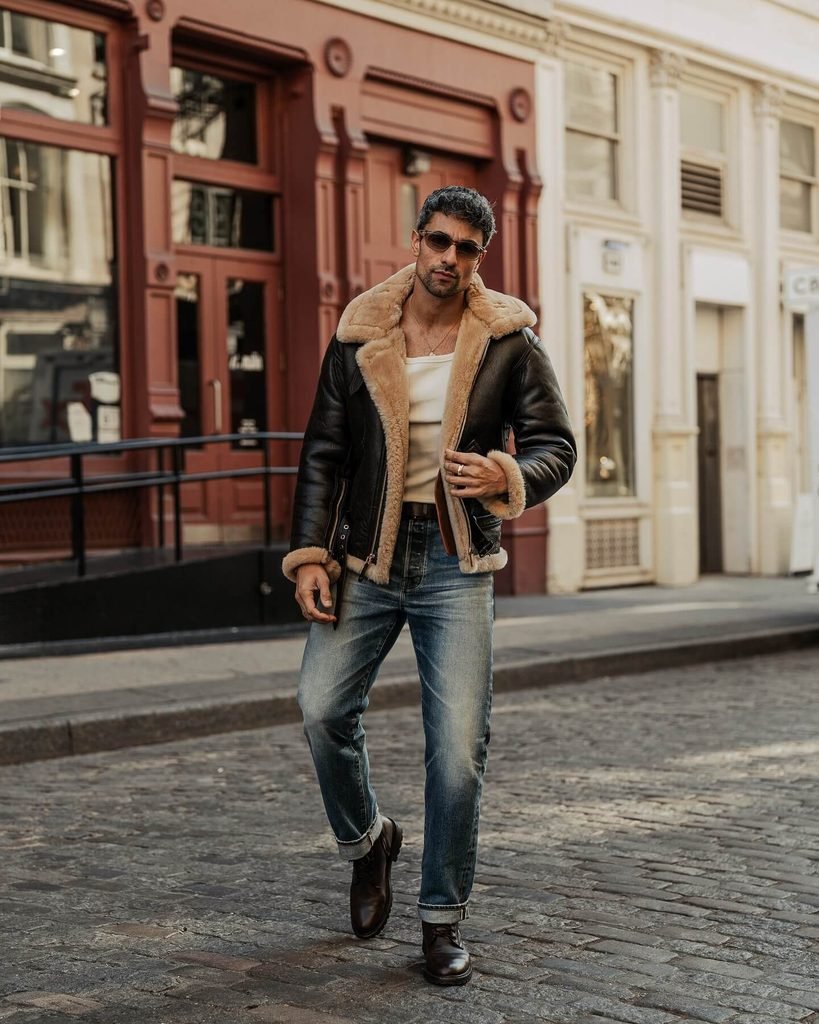 Black Shearling Jacket and Blue Jeans