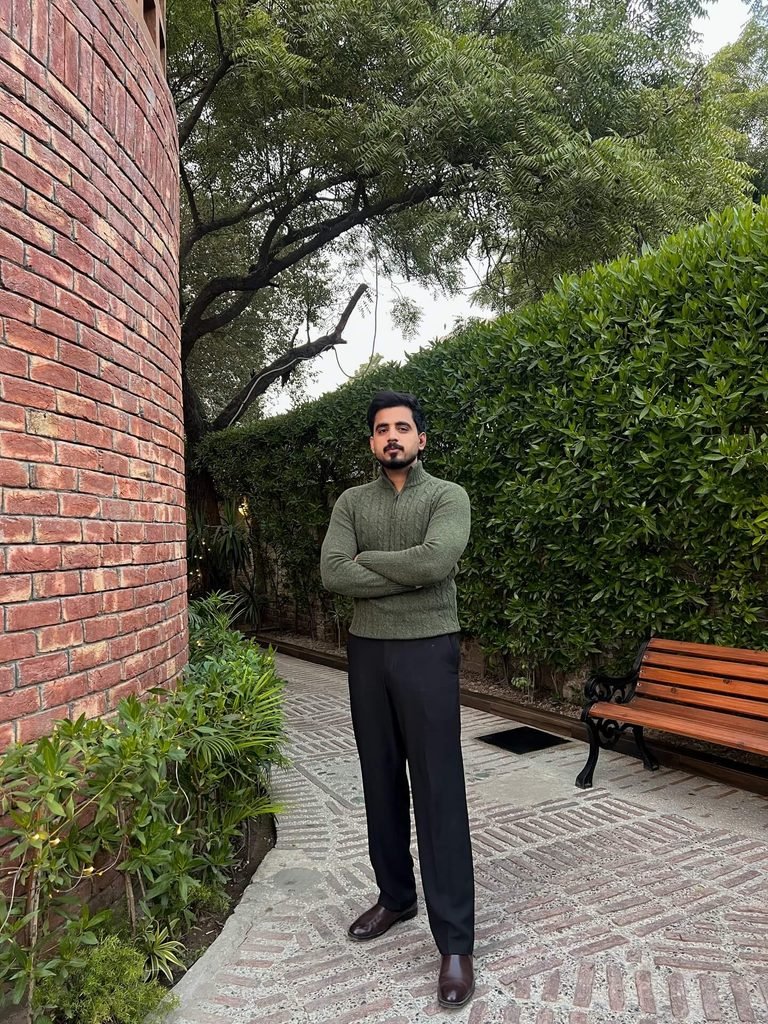 Olive Green Sweater and Black Trousers