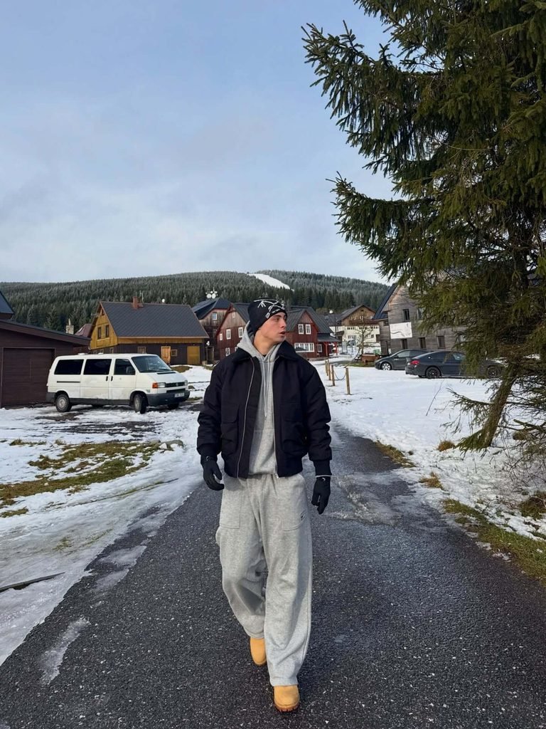 Black Puffer Jacket and Grey Tracksuit