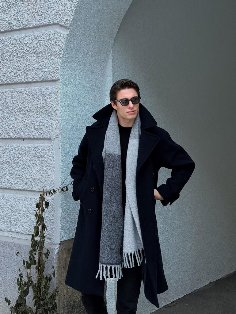 Black Overcoat and Grey Scarf