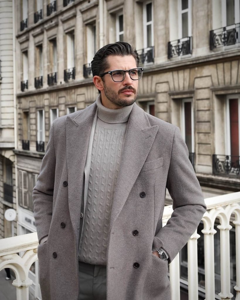 Grey Overcoat and Cable-Knit Turtleneck