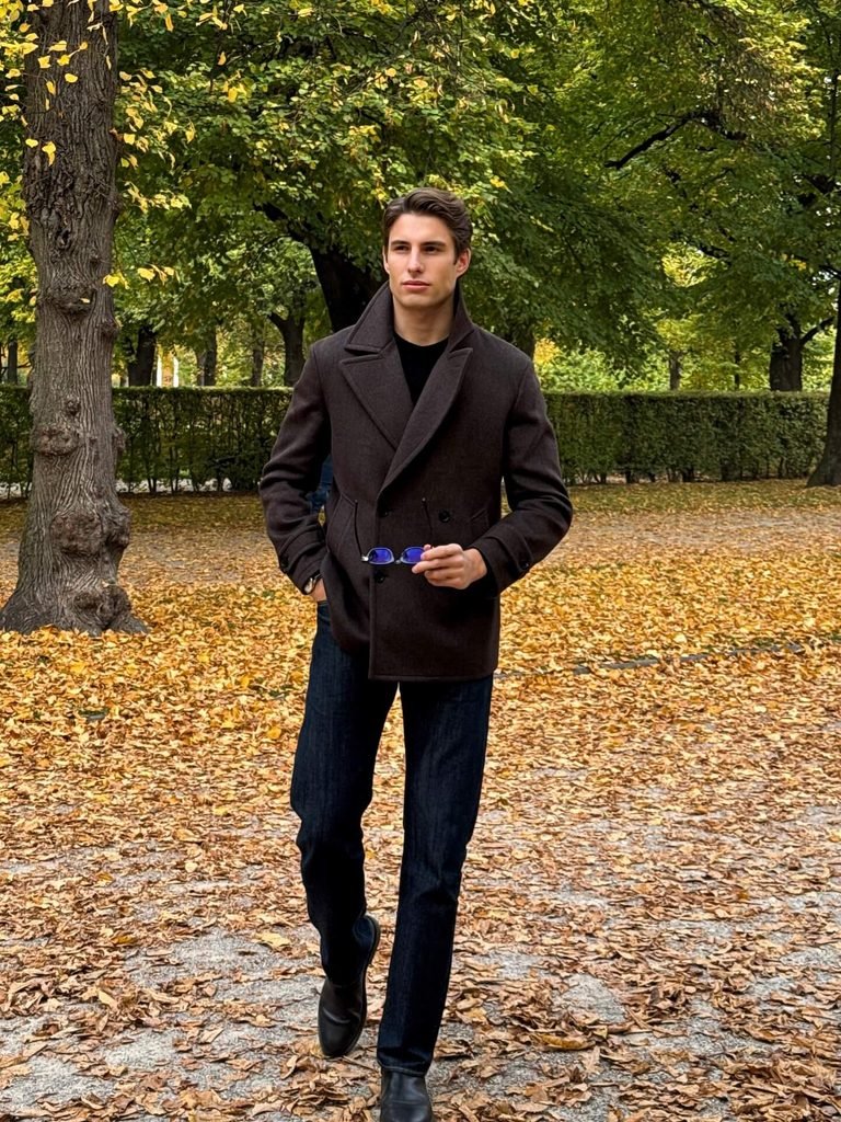 Dark Brown Peacoat and Black Knitwear