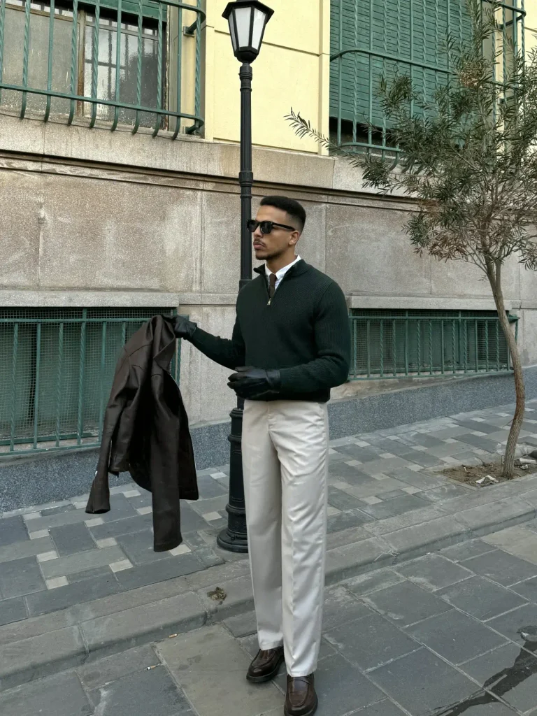 Dark Green Quarter-Zip Sweater and Cream Trouser
