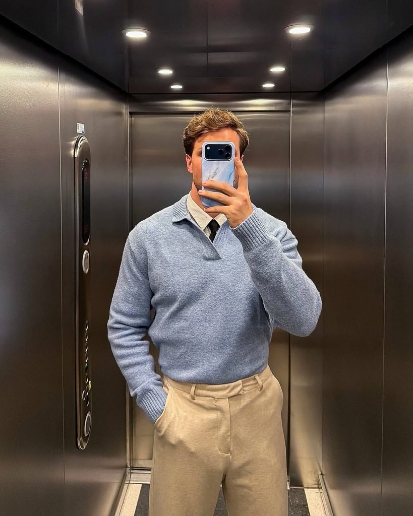 Light Blue Sweater, White Shirt, and Beige Trousers