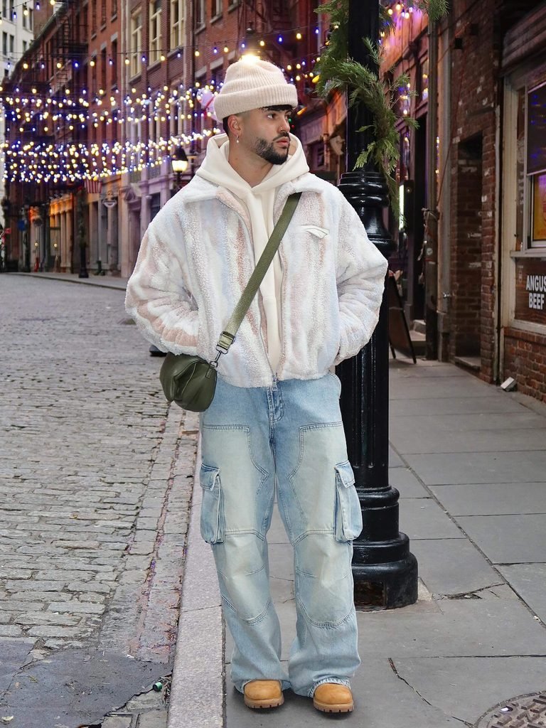 White Fleece Jacket, Hoodie, and Cargo Jeans