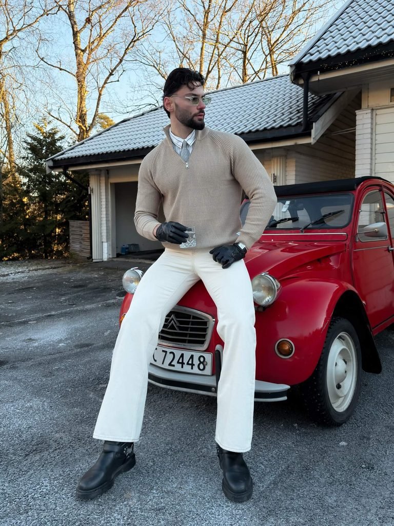 Beige Quarter-Zip Sweater and White Jeans