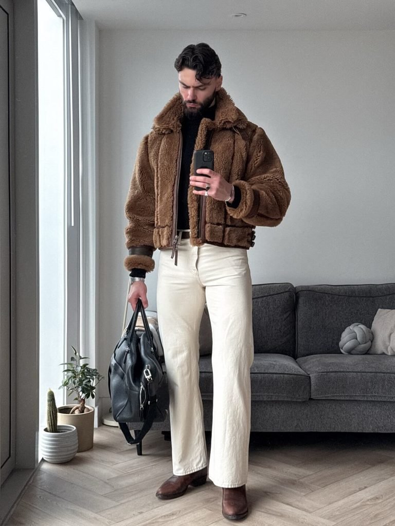 Brown Shearling Jacket and Cream Jeans