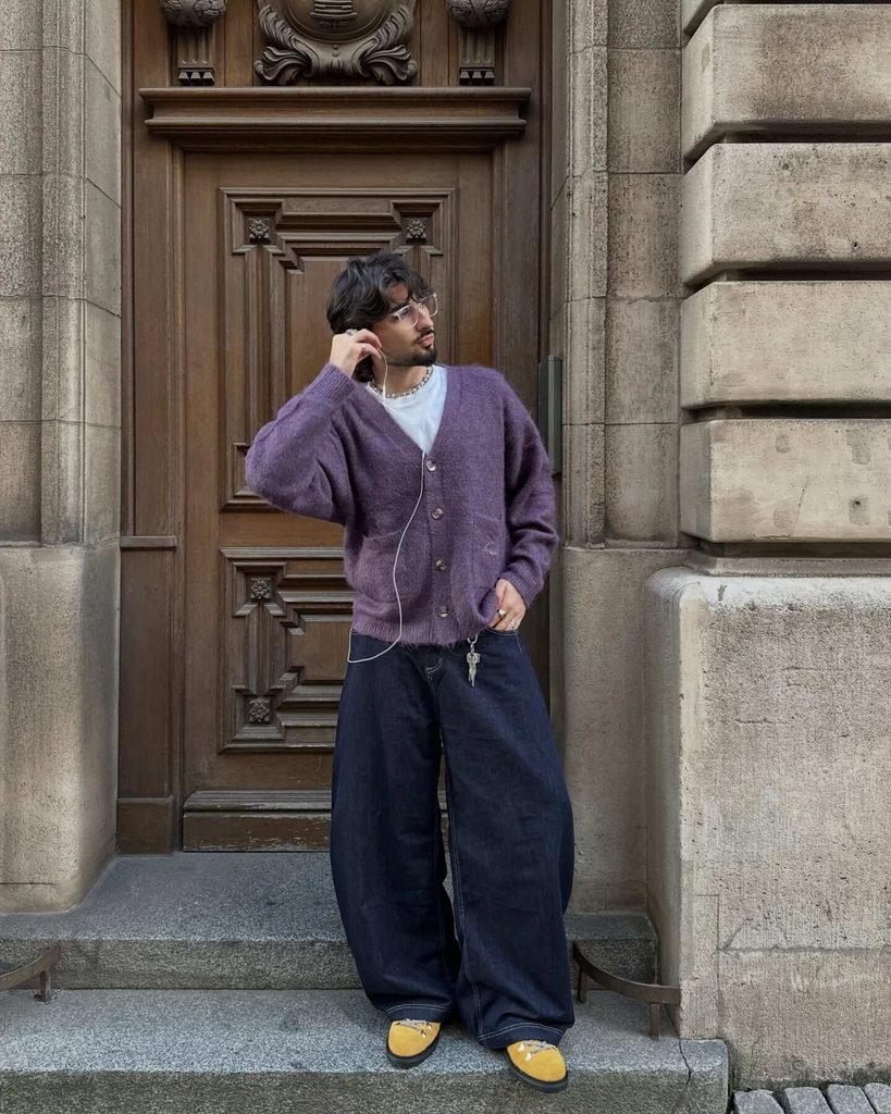 Purple Cardigan and Wide-Leg Jeans